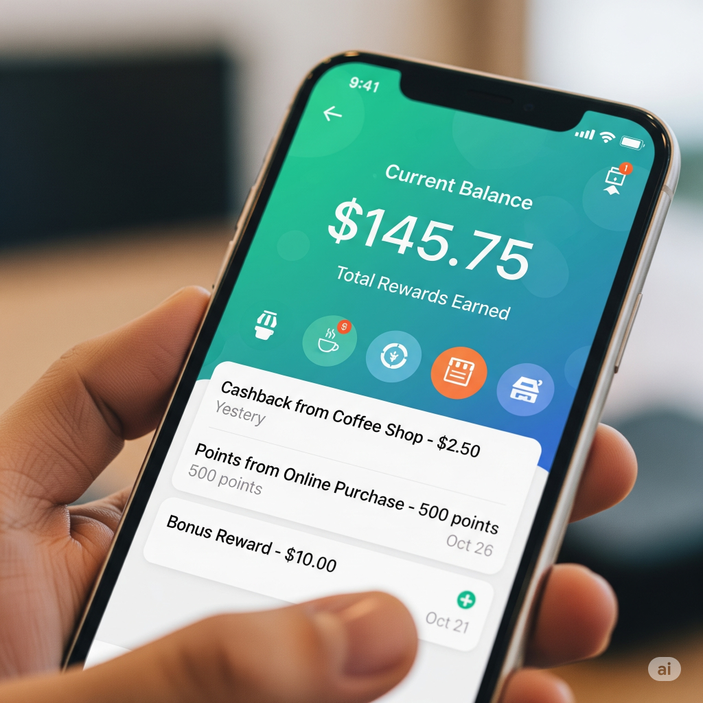 Smartphone showing a cashback app with a display of earned rewards.

