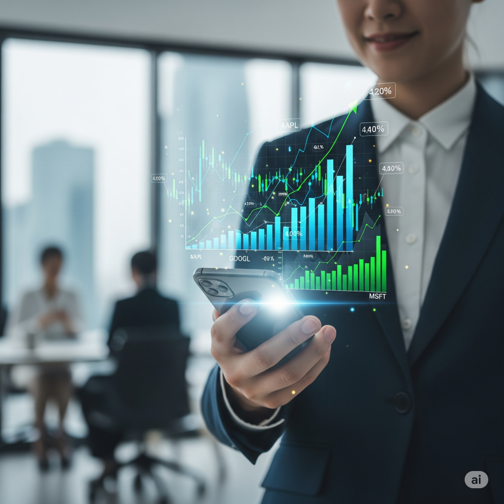A person confidently looking at a smartphone with financial charts and growth graphs floating on the screen.